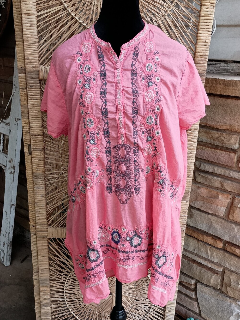 Johnny Was Pink Embroidered Cotton Tunic Top_L
